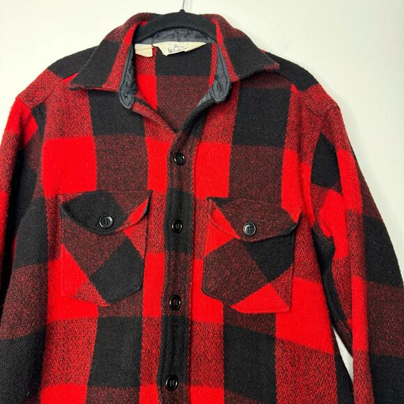 Vtg 60s Woolrich Buffalo Plaid Wool Jacket Shirt Red Black USA Small Shacket - Picture 2 of 7